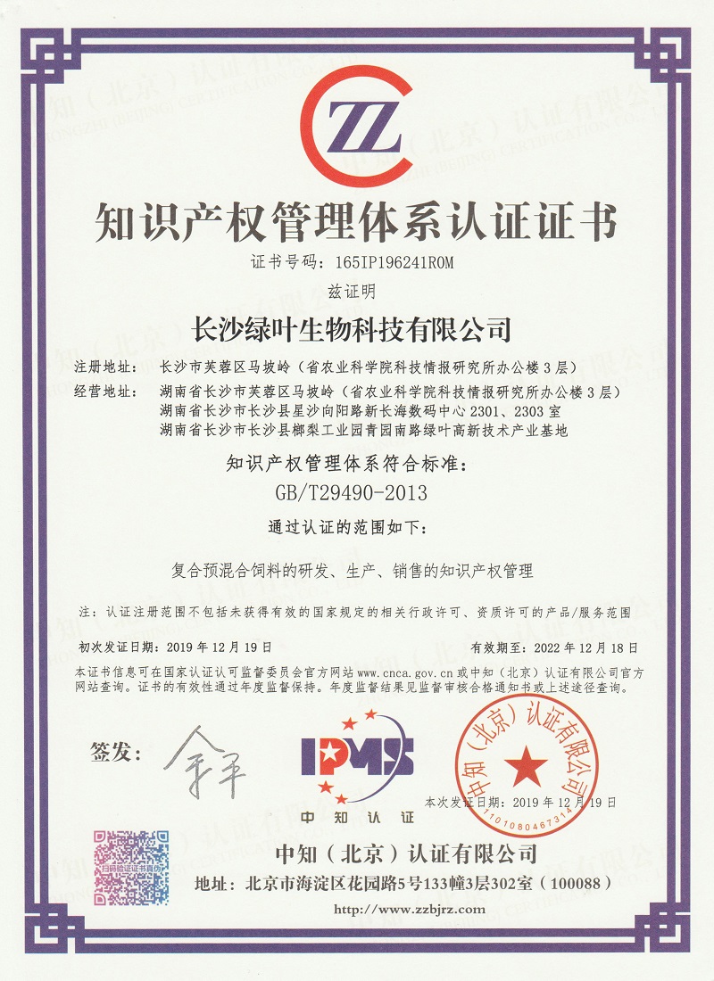 长沙绿叶2019年知识产权管理体系认证证书